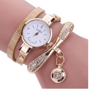 Women Leather Rhinestone Quartz Wrist Watch beige